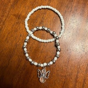 Angel Charm Bracelet Set – Silver & White Beaded Bracelets
